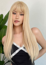 Gold Bangs Long Straight Wig - High Temp Silk (Full Head)