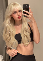 Gold Long Curly Wig with Bangs - Synthetic Fiber (Full Head, Xuchang)