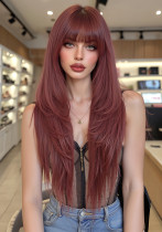 Burgundy Long Straight Wig with Bangs - Full Headpiece for Women