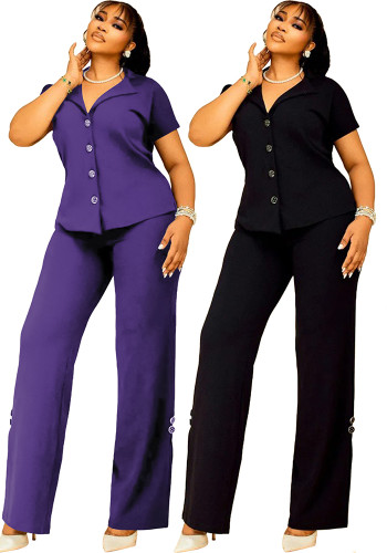 Plus Size Women's Casual V-Neck Short Sleeve Loose Two-Piece Pants Set