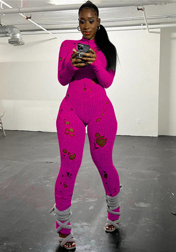 Women Trendy Style Street Knitting Ripped Hollow Jumpsuit