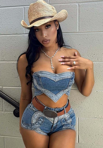 Women Sexy Stretch Heart Washed Denim Top and Shorts Two-Piece Set