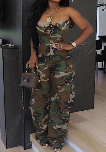 Women Sexy Strapless Sleeveless Cargo Jumpsuits