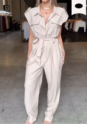 Women Sleeveless Cargo Wide Leg Jumpsuit