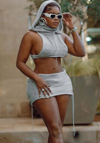 Women Spring Sexy See-Through Hollow Sleeveless Hooded Top Bodycon Tassel Skirt Two-piece Set