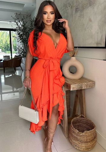 Sexy Deep V-Neck Solid Color Ruffled Asymmetric Belt Dress with Loose Sleeves for Women