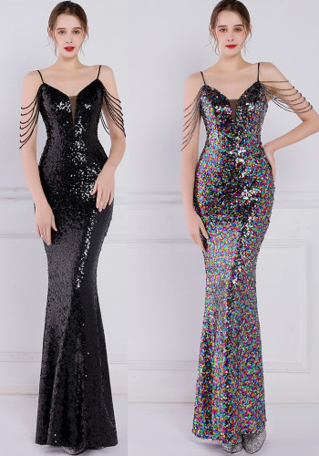 Women Summer Vintage Strap Sleeveless Solid Sequined Mermaid Evening Dress