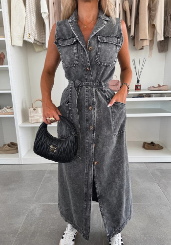 Women Sleeveless Long Lace Denim Dress
