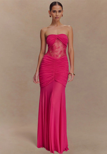 Women Summer Sleeveless Strapless Sexy Pleated Hollow Maxi Dress