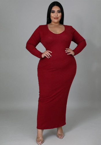 Plus Size Women's High Stretch Ribbed Round Neck Slim Long Dress