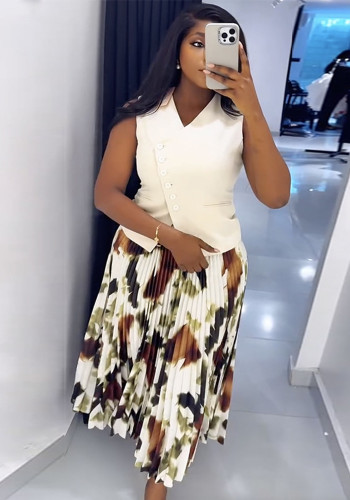 Women's Summer V-Neck Button Vest Top & Printed Pleated Long Skirt Set