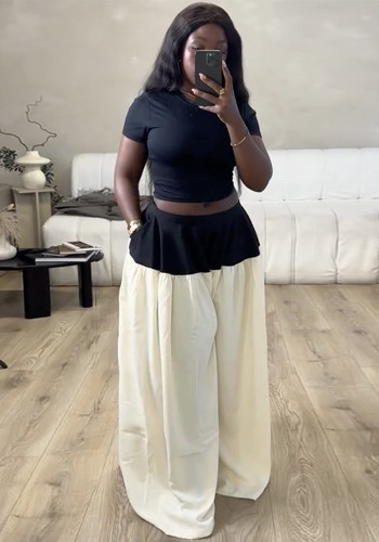 Women's Summer Slim Short Top & Wide Leg Contrast Color Trousers Set