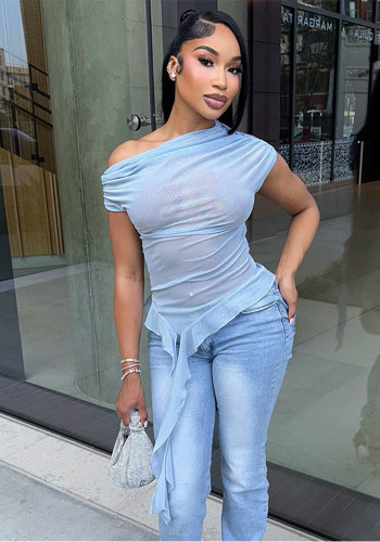 Women's See-Through Mesh Slash Shoulder Short-Sleeved Ruffled Ribbon Top