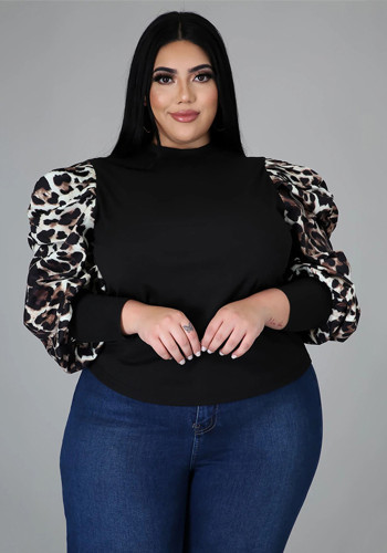 Plus Size Women's Lantern Sleeve Leopard Print Slim Top
