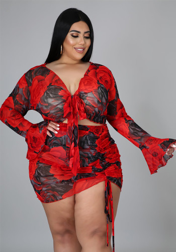 Plus Size Printed Drawstring Long Sleeve Top & Shorts Sexy Nightclub Two-Piece Set
