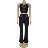 Women's Sexy Strapless Metal Buckle Fashionable Two Piece Pants Set