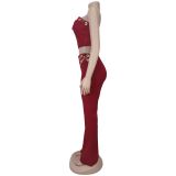 Women's Sexy Strapless Metal Buckle Fashionable Two Piece Pants Set