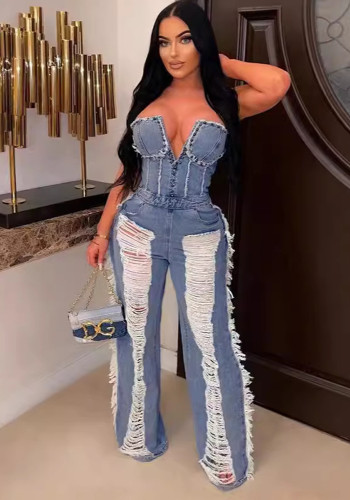 Women Sexy V-Neck Washed Ripped Denim Jumpsuit