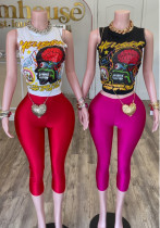 Cartoon Printed Sleeveless Tank Top Shorts Two Piece Set
