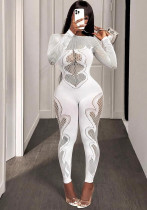 Women Solid Round Neck long-sleeved hollow sexy Jumpsuit