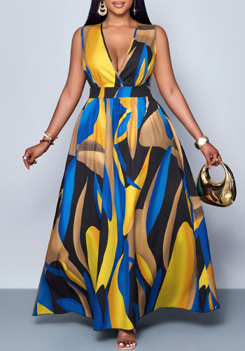 Plus Size Women Summer V-neck Print Sleeveless Dress