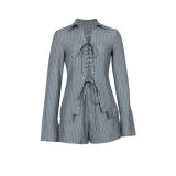 Women Casual Stripe Turndown Collar Long Sleeve Lace-up Shirt and Pants Two-piece Set