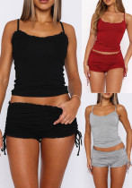 Women Summer Wave Edge Strap Top and Shorts Two-Piece Set