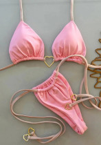 Solid Lace-Up Sexy Heart Shape Rimg Bikini Two-Piece Halter Neck Swimsuit