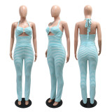Women jacquard striped lace-up Crop Top and pencil pants two-piece set