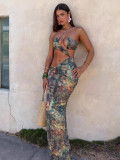 Women summer sexy hollow Halter Neck lace-up printed slit dress