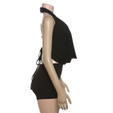 Women Summer Solid Strapless Halter Neck Top and Shorts Two-piece Set