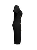 Women solid decorative buckle slit dress