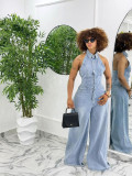 Women summer turndown collar Halter Neck backless denim jumpsuit