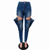 Women Symmetrical Ripped Washed Denim Pants
