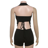Women Summer Solid Strapless Halter Neck Top and Shorts Two-piece Set