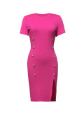 Women solid decorative buckle slit dress