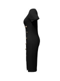 Women solid decorative buckle slit dress