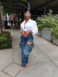 Women Symmetrical Ripped Washed Denim Pants