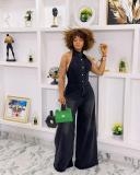 Women summer turndown collar Halter Neck backless denim jumpsuit