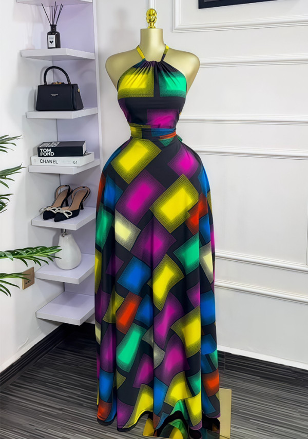 Summer Women’s Sleeveless Halter Neck Color-Block Slim Waist Tie-Front Chic Maxi Dress
