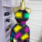 Summer Women’s Sleeveless Halter Neck Color-Block Slim Waist Tie-Front Chic Maxi Dress