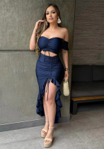 Off-Shoulder Slit Asymmetrical Dress Solid Color Sexy Gown