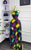 Summer Women’s Sleeveless Halter Neck Color-Block Slim Waist Tie-Front Chic Maxi Dress