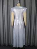 Women bridesmaid dress silver v-neck pleated elegant Formal Party Dress