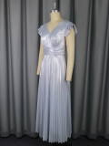 Women bridesmaid dress silver v-neck pleated elegant Formal Party Dress