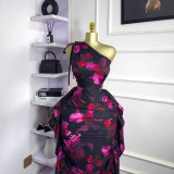 One-Shoulder Slash Neck Floral Tie-Front Ruffle Bodycon Dress