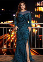 Plus Size Sequin Long-Sleeve Formal Gown High-Slit Mermaid Dress