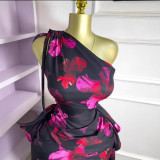 One-Shoulder Slash Neck Floral Tie-Front Ruffle Bodycon Dress