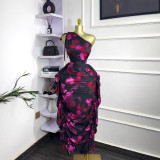 One-Shoulder Slash Neck Floral Tie-Front Ruffle Bodycon Dress