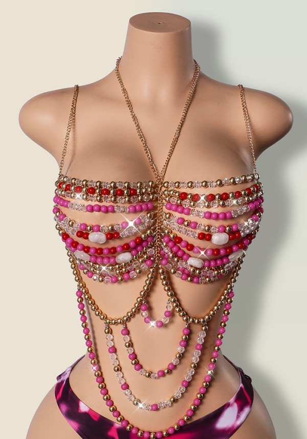 Multi-Color Gem Beaded Chain Sexy Strappy Crop Top